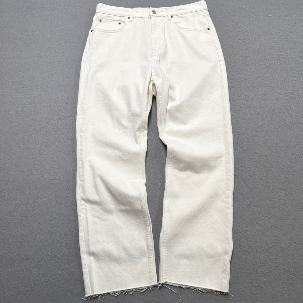 Zara Jeans Women's 10 White Denim High Rise Straight Leg Relaxed Fit Frayed Hem
